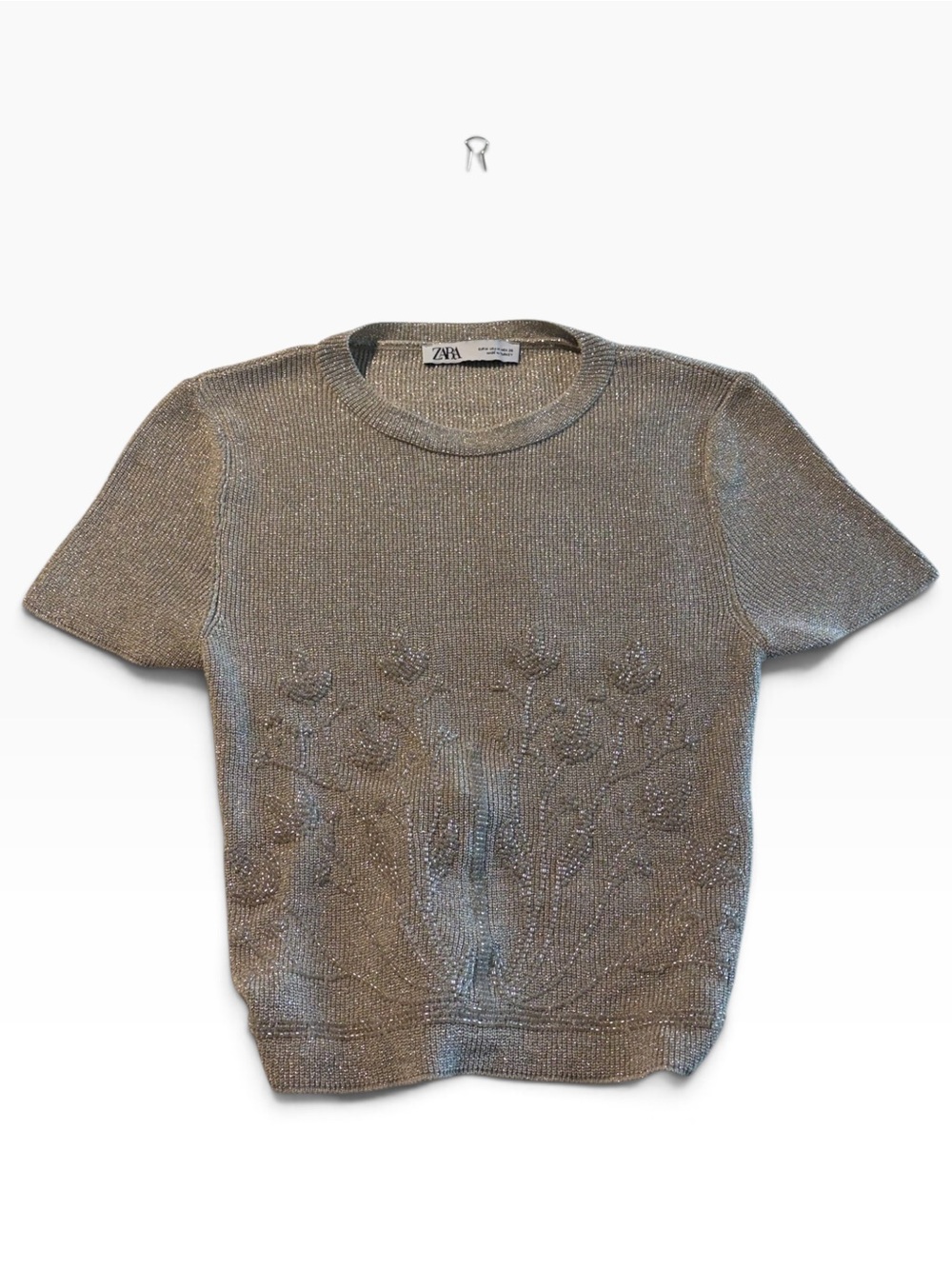 Zara Champagne Taupe Metallic Beaded Open Back Knit Top M